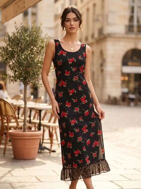 Take 50% OFF/ Piccalind Petities Navy Floral Maxi Dress with Red Roses, Size-10P
